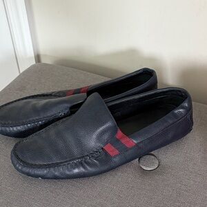 Men's Black Leather Loafers with Red Accents
